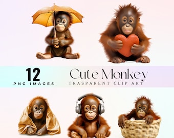 May include: A set of 12 digital clip art images featuring cute orangutan monkeys in various poses. The monkeys are holding an umbrella, a heart, a brown paper bag, headphones, and sitting in a wicker basket.