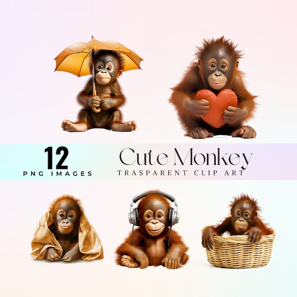 Tiny Monkey clip art, watercolor baby orangutan illustration PNG,  lovely ape graphic art,  cute baby monkey design, darling ape draw