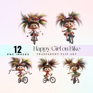 Clipart di ragazza felice in bicicletta, clipart colorata di ragazza felice in bicicletta, clipart di bambino dei cartoni animati in bicicletta in formato PNG, download digitale stravagante