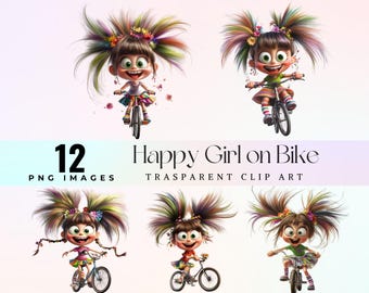 Girl on Bike Clipart: Happy Kid Riding Bicycle PNG (Digital Download)