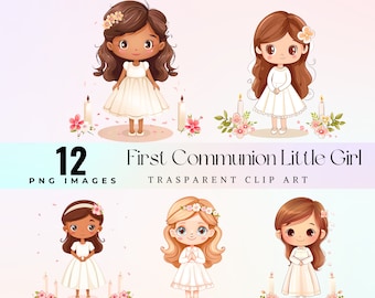 May include: Twelve digital illustrations of girls in white dresses with floral headbands and candles. The girls are standing in front of a pink background with flowers. The text "First Communion Little Girl" and "Transparent Clip Art" is at the top of the image.