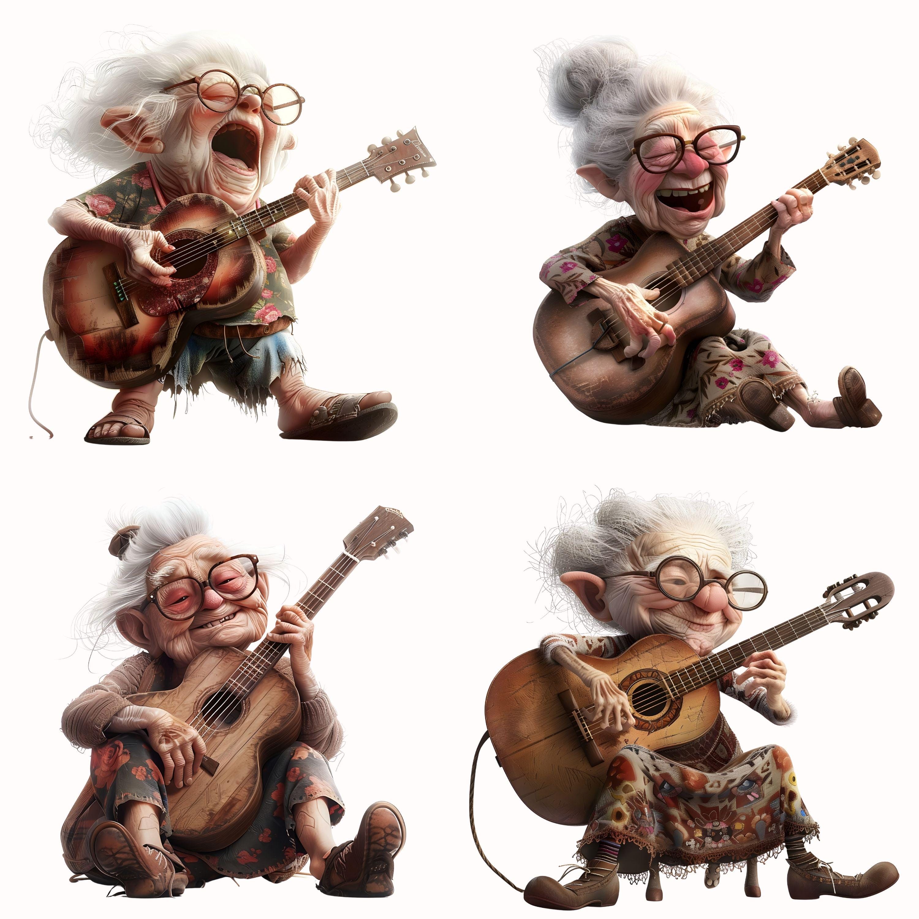 Whimsical Grandma Musician Clip Art: Funny Granny Guitar PNG