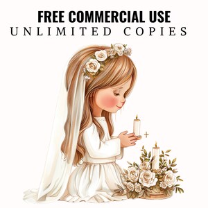May include: A young girl in a white dress and veil holds a lit candle. She is kneeling with her head bowed in prayer. There are white roses and greenery around her.
