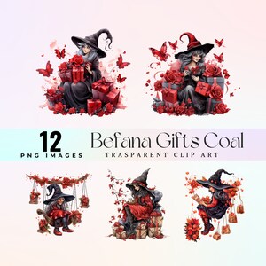 Clipart de regalos de carbón de la Befana: Bruja de la Epifanía PNG (Descarga digital)