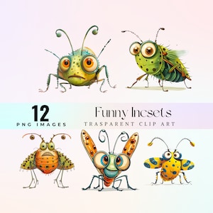 Imágenes prediseñadas de insectos divertidos, ilustración de insectos caprichosos de acuarela PNG, dibujos animados divertidos insectos de color verde naranja arte gráfico, ilustraciones de insectos hilarantes