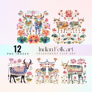 Clip art mignon art folklorique indien, aquarelle gracieuse vache Pichwai et lotus illustration PNG, charmant art graphique de l'Inde du Sud et art bohème