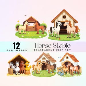 Lustige Pferdestall Clip Art, niedliche Bauernhof Pferde Illustration PNG, Cartoon lustige Reiter Grafik, Pony Clip Art, charmante Scheunenszene
