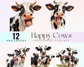 Funny Cow Clip Art: Watercolor Farm Animals (PNG Digital Download)