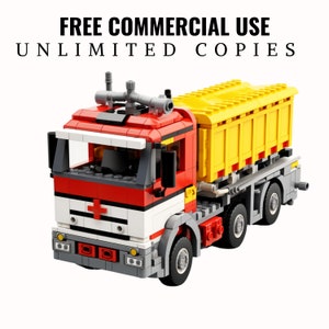 May include: A red and yellow toy dump truck made of Lego bricks. The truck has a white cross on the front and a yellow dump bed.