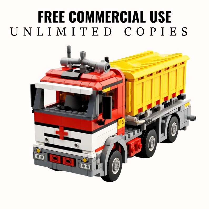 May include: A red and yellow toy dump truck made of Lego bricks. The truck has a white cross on the front and a yellow dump bed.