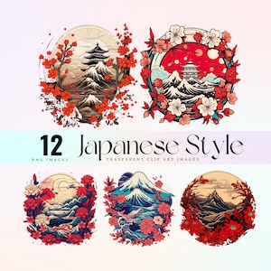 Japanese Style Temple and Flowers clip art,  Japanese Zen graphic art , Oriental Blooms printable Illustration 300dpi, Zen floral clip art