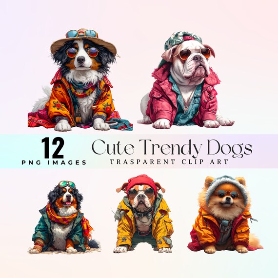 Trendy Dogs Clip Art: Stylish Pet Fashion PNG (300 DPI)