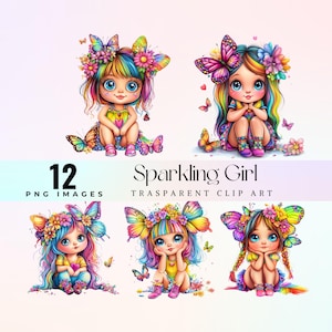 Clip art kawaii di ragazza scintillante, illustrazione PNG di ragazza eccentrica e artistica, grafica di una signorina scintillante in stile cartone animato, carina opera d'arte di una ragazza con glitter