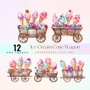 Wózek ze słodkimi lodami w rożkach clipart, akwarela słodki wózek z lodami w rożkach ilustracja PNG, grafika z kreskówkową radością z kremu, mroźne wagony