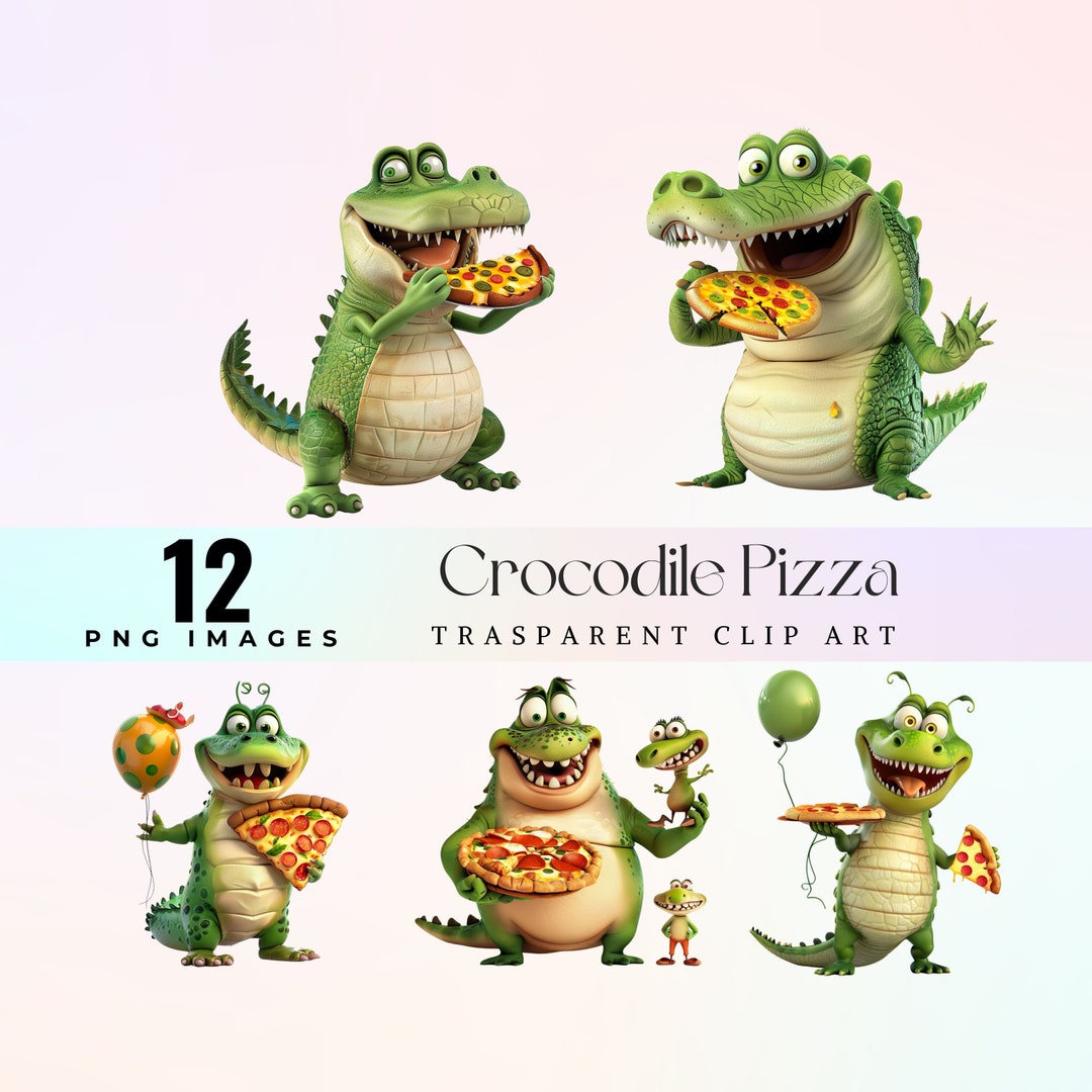 ピザを食べる面白いワニのクリップアート：ユーモラスなワニのイラスト