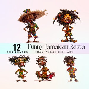 Divertido clip art jamaicano Rasta, acuarela jovial Rasta hombre ilustración PNG, dibujos animados caprichosos arte gráfico Rasta 300 DPI, clip art divertido