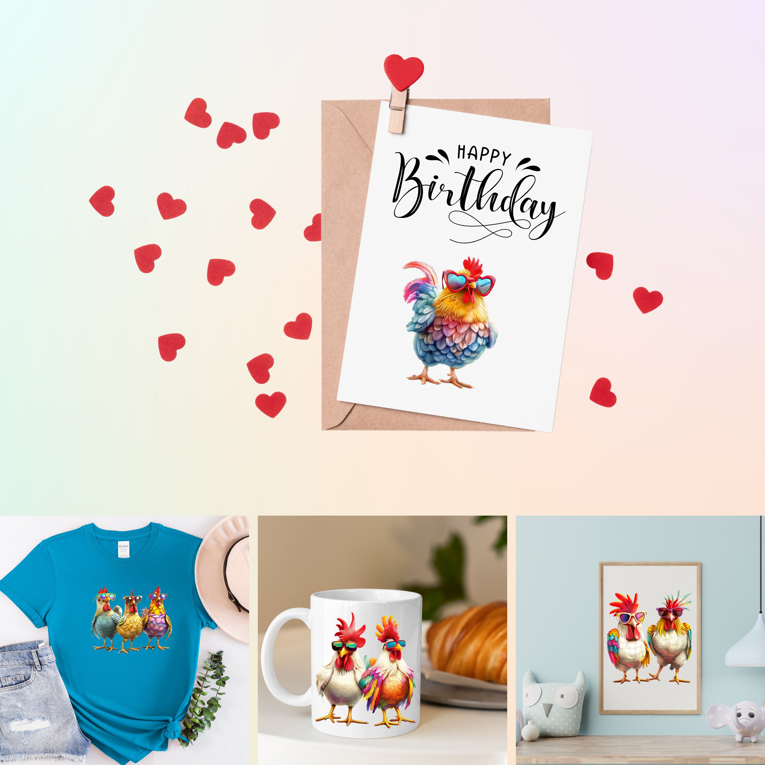 Funny Chickens Clip Art, Watercolor Hilarious Hens Illustration PNG