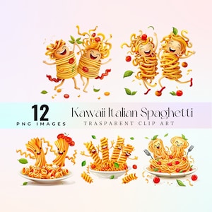 Clipart drôle de pâtes italiennes Kawaii, aquarelle amusante illustration de spaghettis kawaii PNG, art graphique macaroni fantaisiste, art mignon de nouilles