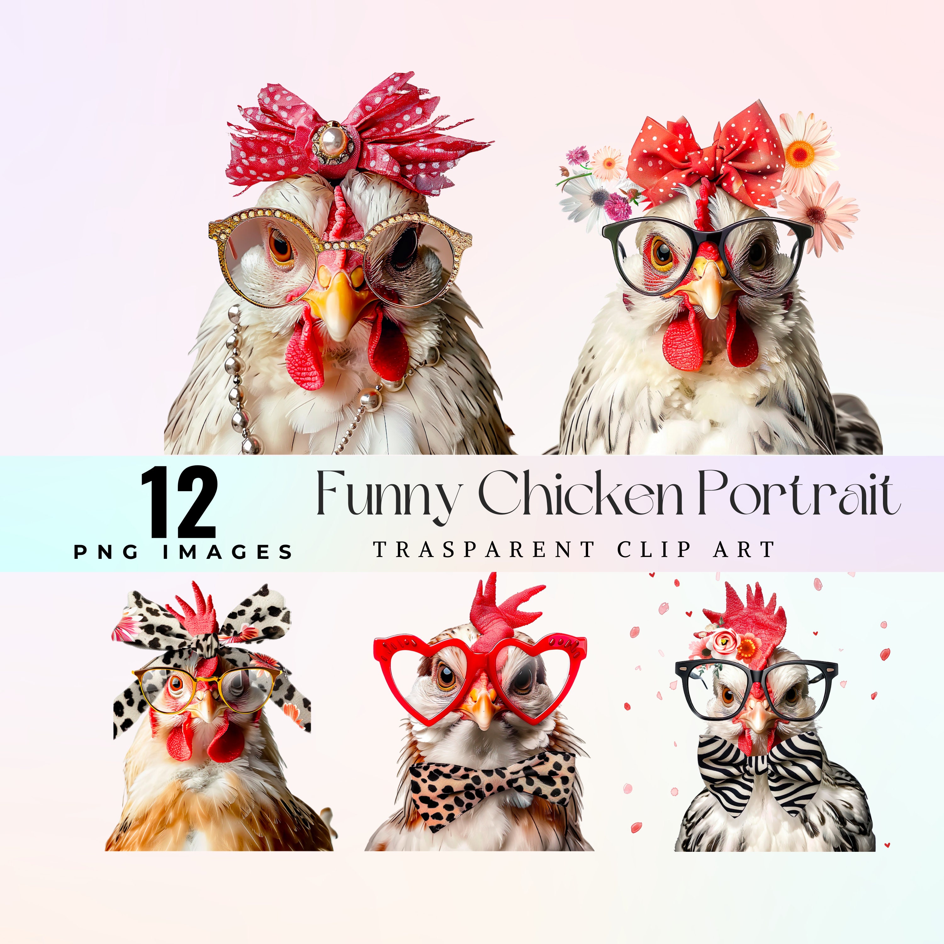 Funny Chicken Portrait Clip Art, Watercolor Hilarious Hen Face
