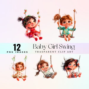 Bella clip art per ragazza altalena minuscola, illustrazione PNG per bambini altalena dolce acquerello, arte grafica adorabile cartone animato per bambini altalena, arte del gioco per bambina