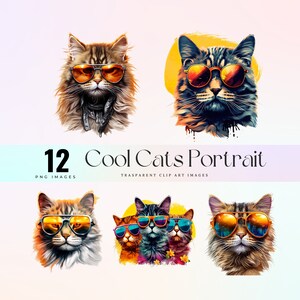 Niedliche Sonnenbrille Katze Porträt Clip Art, Aquarell freudige Sonnenbrille Kätzchen Illustration PNG, bunte glückliche Kitty Grafikkunst, Smiley Katzen