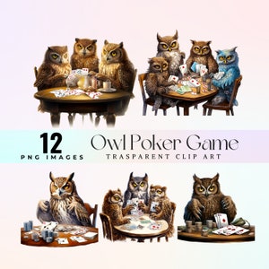 clip art divertente del gioco di carte da poker, illustrazione di carte da gioco di gufi esilaranti dell'acquerello PNG, arte grafica di hooters ridacchianti, arte di peepers di poker