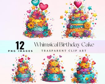 Whimsical Birthday Cake Clipart PNG, Colorful Fantasy Cake with Flowers and Hearts, Digital Download