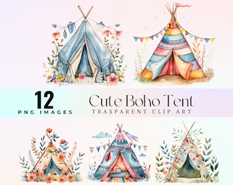 Watercolor Boho Tent Clip Art: Floral Camping Illustration (PNG)