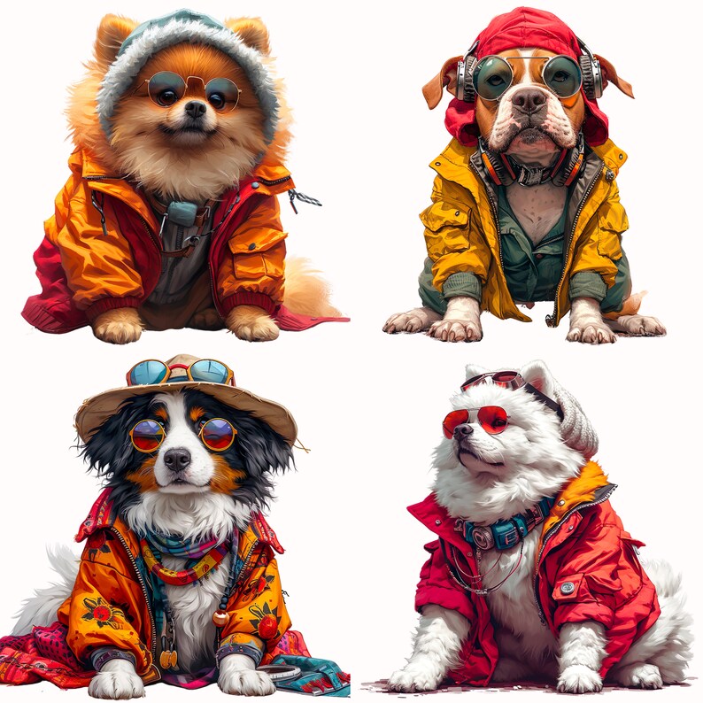 May include: Four dogs wearing colorful jackets and sunglasses. The dogs are a brown and white dog, a white dog, a brown dog, and a white and brown dog. The dogs are all wearing different styles of sunglasses and jackets.