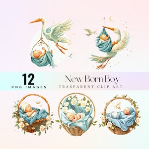 adorabile clip art neonato, illustrazione PNG del cesto dolce, arte dell'arrivo del neonato carino, piccolo neonato maschio consegnato dall'immagine della cicogna