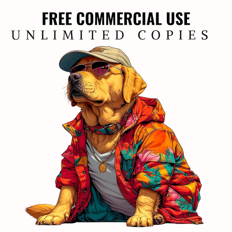 May include: A yellow Labrador Retriever wearing a red and orange floral print jacket, a brown leather collar, a gold chain necklace, and a brown baseball cap with sunglasses.