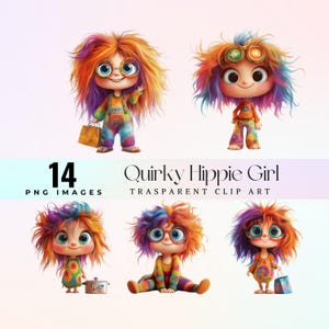 Imágenes prediseñadas de chica hippie peculiar, ilustración PNG de linda chica de espíritu libre excéntrica de acuarela, arte gráfico de chica de estilo retro de dibujos animados, arte de encanto hippie