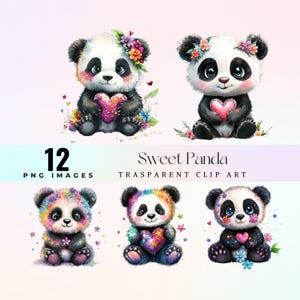 Adorable baby  Panda clip art,  Cute cartoon panda with flowers and hearts illustration png, kawaii white black animal for stickers crafts