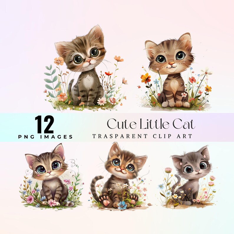 Watercolor Kitten Clip Art: Spring Blossom Cat PNG (digital Download ...