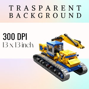 May include: A yellow and blue toy excavator with a black arm and tracks. The excavator is on a white background. 300 DPI 13 x 13 inch.