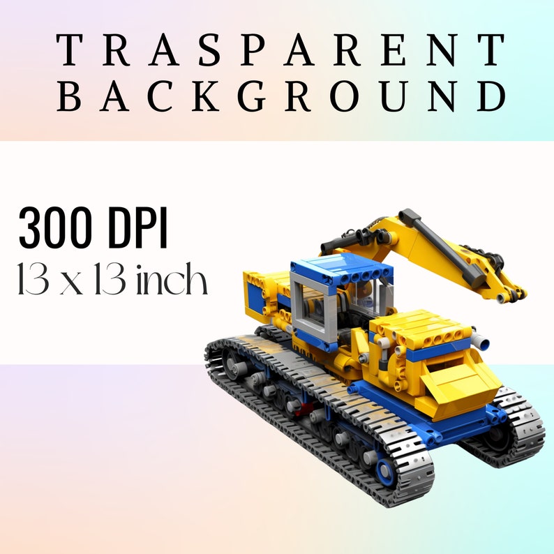 May include: A yellow and blue toy excavator with a black arm and tracks. The excavator is on a white background. 300 DPI 13 x 13 inch.