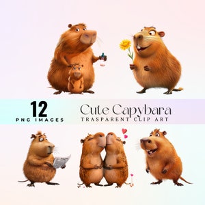 Imágenes prediseñadas de castor divertido, ilustración de capibara marrón tonta de acuarela PNG, arte gráfico de roedores de dibujos animados caprichosos, lindas ilustraciones de sonrisa de capibara