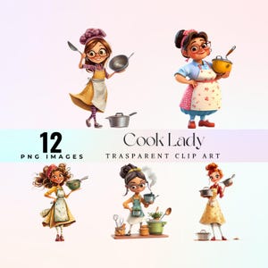 Cute Cooking Lady Clipart, chef drôle avec art graphique de pots, gracieux employé de cuisine Illustration PNG, belle femme cuisinier de dessin animé clipart