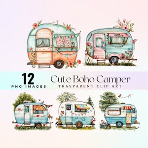 Cute Boho Camper clip art, watercolor quirky hippie Van illustration PNG, cartoon happy campers graphic art, peaceful journey artwork