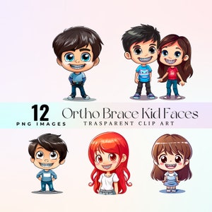 Lustige Ortho Klammer Kindergesichter Clip Art, Aquarell glückliche chibi Kinder mit kieferorthopädischem Gerät Illustration PNG, niedliche Zahnspangen Kunst