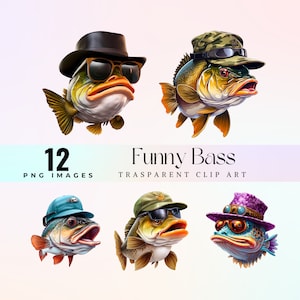 面白いバス魚のクリップアート、サングラスと帽子をかぶった水彩画の海水魚のイラスト PNG、魚のユーモアグラフィックアート、コミックバス魚アート
