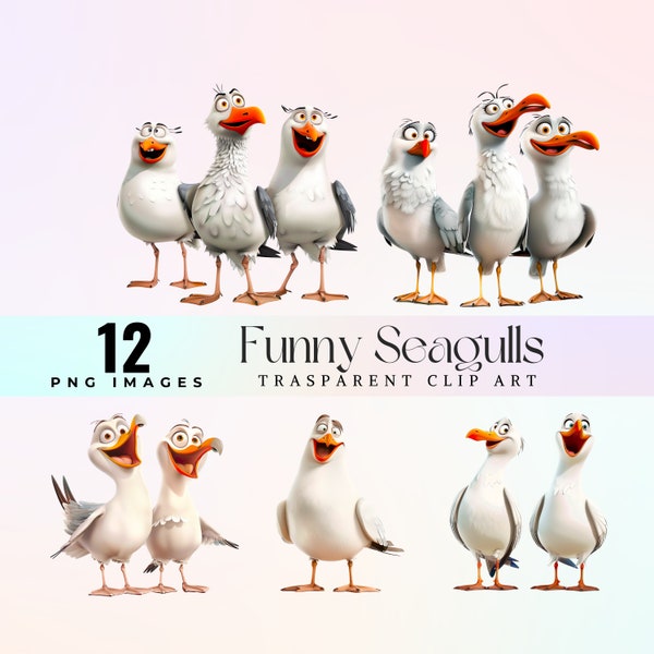 Funny seagulls clip art, watercolor happy white seagull illustration PNG, silly cartoon sea birds graphic art , whimsical gulls artwork