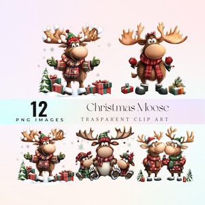 Cute Christmas moose clip art, watercolor playful festive moose illustration PNG,  cartoon funny Holiday animal graphic art, Christmas decor