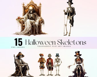 May include: A set of 15 Halloween skeleton PNG images. The illustrations show skeletons in different poses and outfits, such as a skeleton on a throne and skeletons wearing top hats and formal clothes. The text "15 Halloween Skeletons" is visible.