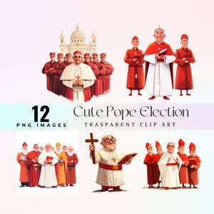 Graziosa clip art sull'elezione del Papa, divertente illustrazione in formato PNG del Conclave del Vaticano, dolce grafica a fumetti sull'elezione del Papa, adorabile arte kawaii del Papa