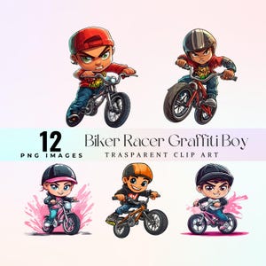 かわいいグラフィティバイカーボーイクリップアート、ヒップホップバイクレーサー漫画、愛らしいバイカーボーイイラスト、子供部屋の装飾用デジタルダウンロード