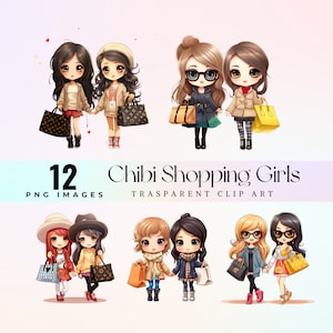 Cute Shopping Girls clip art, chic shop gals illustration PNG, elegant shopping ladies graphic art, adorably chic buys artwork, tiny women