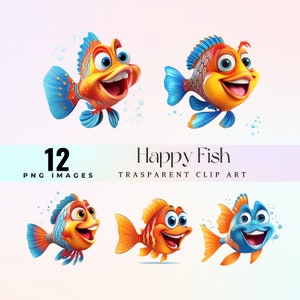 Happy Fish clip art, watercolor aquatic cartoon image PNG, funny fishes illustration png, underwater fun 300 DPI, playful fishes art