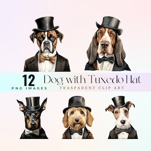 Cane divertente in clip art smoking, simpatici animali domestici con cappello a cilindro e papillon immagine PNG, elegante arte grafica di razze di cani fumatori, arte di cani vestiti eccentrici