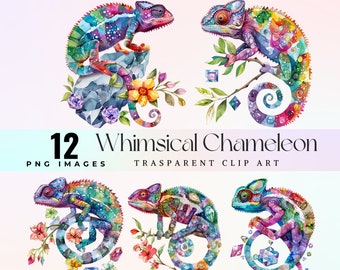 Watercolor Chameleon Clip Art: Gemstone Lizard Floral Illustration (PNG)